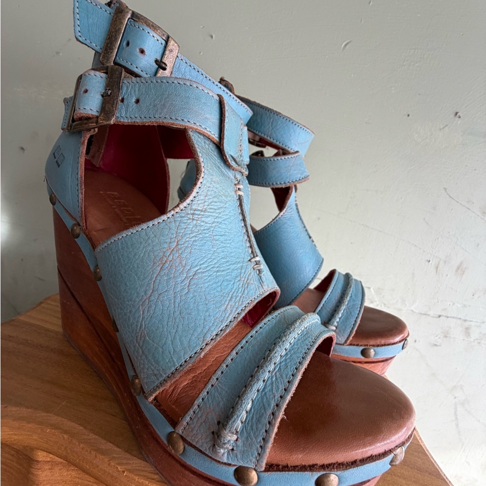 Bed Stu Blue and Brown Leather Wedges